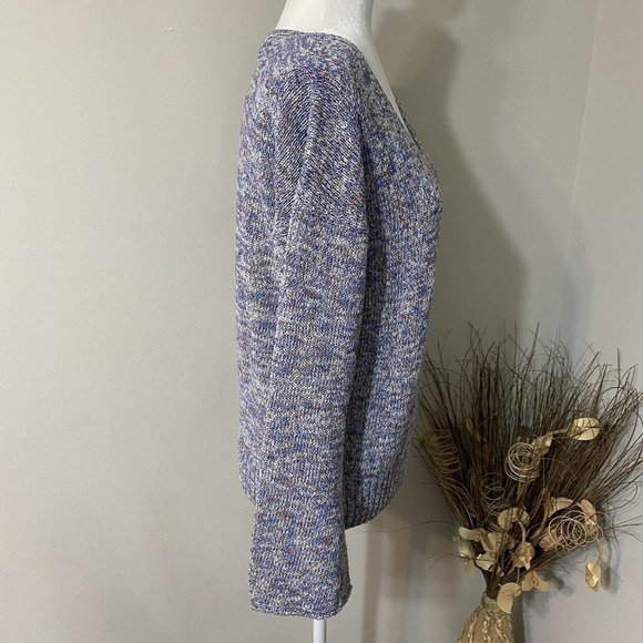 J Crew Women's Medium Blue Heather Marled Long Flared Sleeve V Neck Sweater - Picture 2 of 12